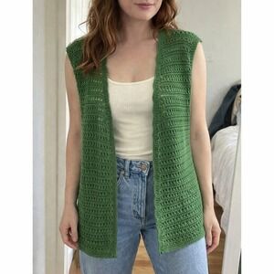 Vintage Women Wool Crochet Cardigan Vest Medium Cottage Artisan Boho Folk Earthy